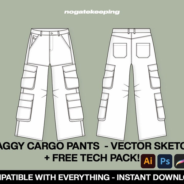 Streetwear Baggy Oversized Cargo Pants Fashion Sketch Mockup Template Vector Tech Pack Photoshop Illustrator ProCreate Instant Download