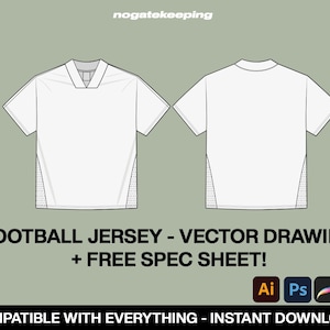 Könnte beinhalten: Vektorzeichnung eines weißen Fußballtrikots mit V-Ausschnitt und Mesh-Seitenteilen. Das Bild enthält den Text "FOOTBALL JERSEY - VECTOR DRAWING + FREE SPEC SHEET!" und "COMPATIBLE WITH EVERYTHING - INSTANT DOWNLOAD!"