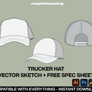 Fashion Streetwear Trucker Hat Cap Headwear Fashion Sketch Vector Mock Up + Free Spec Sheet Template Photoshop Canva Illustrator ProCreate