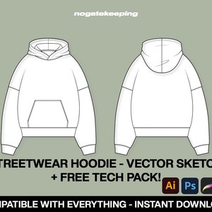 Streetwear übergroße Hoodie Mode Skizze Vektor Mock-Up Vorlage + kostenlose Vektor Tech Pack Sofort-Download Photoshop Illustrator ProCreate