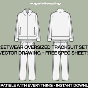 Puede incluir: Un conjunto de chándal blanco con ribetes grises. La chaqueta tiene cierre de cremallera y cuello alto. El pantalón tiene cintura elástica. El texto "STREETWEAR OVERSIZED TRACKSUIT SET V2 VECTOR DRAWING + FREE SPEC SHEET!" está debajo de la imagen. El texto "COMPATIBLE WITH EVERYTHING - INSTANT DOWNLOAD!" está debajo del texto.