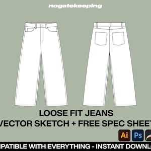 Fashion Streetwear Loose Fit Denim Jeans Fashion Sketch Mockup Template Vector + Free Spec Sheet Illustrator ProCreate Canva