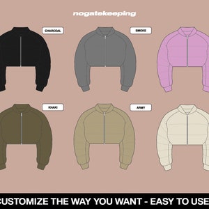 Puede incluir: Una ilustraci&oacute;n gr&aacute;fica de diez chaquetas acolchadas recortadas en diferentes colores, incluyendo carb&oacute;n, humo, rosa, caqui, ej&eacute;rcito y hueso. El texto "nogatekeeping" y "CUSTOMIZE THE WAY YOU WANT - EASY TO USE!" est&aacute; en la parte superior e inferior de la imagen.