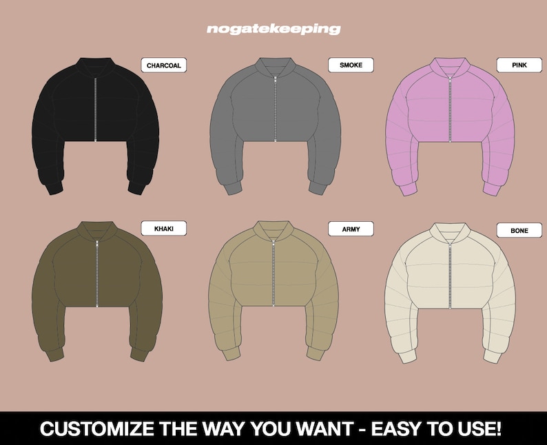 Puede incluir: Una ilustraci&oacute;n gr&aacute;fica de diez chaquetas acolchadas recortadas en diferentes colores, incluyendo carb&oacute;n, humo, rosa, caqui, ej&eacute;rcito y hueso. El texto "nogatekeeping" y "CUSTOMIZE THE WAY YOU WANT - EASY TO USE!" est&aacute; en la parte superior e inferior de la imagen.
