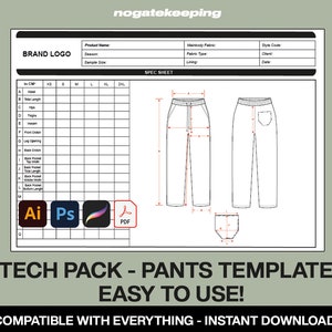 Streetwear Fashion Clothing Tech Pack Spec Sheet Template Mock Up Vector Sketch Pants Jeans Instant Download Photoshop Illustrator ProCreate