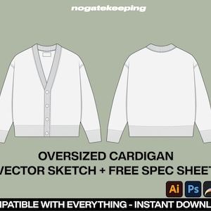Peut inclure: Un cardigan blanc surdimensionné avec un col en V et une fermeture à boutons. Le cardigan a un ourlet et des poignets côtelés. L'image montre l'avant et l'arrière du cardigan.