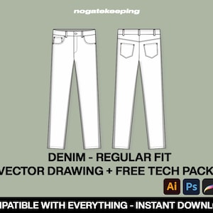 Clothing Streetwear Denim Regular Fit Pants Fashion Sketch Vector + Free Tech Pack Template Instant Download Photoshop Illustrator ProCreate
