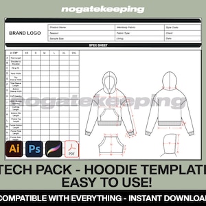 Könnte beinhalten: Eine Tech-Pack-Vorlage für einen Hoodie mit Vorder- und Rückansichten und Maßangaben. Das Design beinhaltet ein Datenblatt für Produktdetails und ist kompatibel mit Adobe Illustrator, Photoshop und PDF-Formaten. Text: TECH PACK - HOODIE TEMPLATE EASY TO USE!