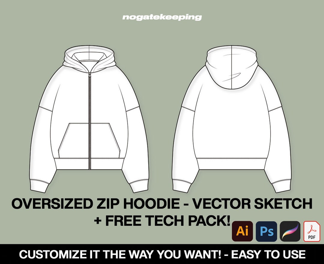 Streetwear Oversized Zip Hoodie Fashion Sketch Vector Mock