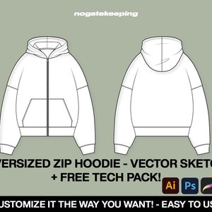 Streetwear Oversized Zip Hoodie Fashion Sketch Vector Mock Up Template + Free Vector Tech Pack Download Photoshop Illustrator ProCreate