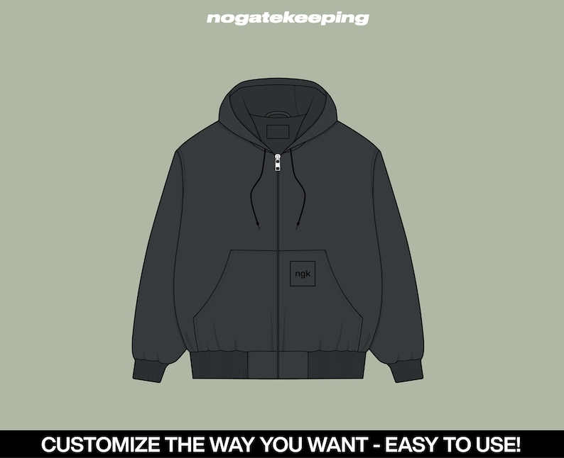 May include: A charcoal gray zip-up hoodie with a hood and front pockets. The hoodie features the text "nogatekeeping" at the top and "ngk" on the pocket. The bottom of the image reads "CUSTOMIZE THE WAY YOU WANT - EASY TO USE!"
