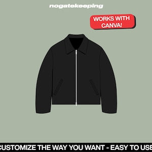 May include: A black zippered jacket with two pockets. The text "WORKS WITH CANVA!" is in red on a white background.