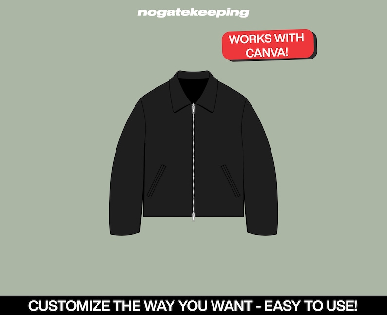 May include: A black zippered jacket with two pockets. The text "WORKS WITH CANVA!" is in red on a white background.