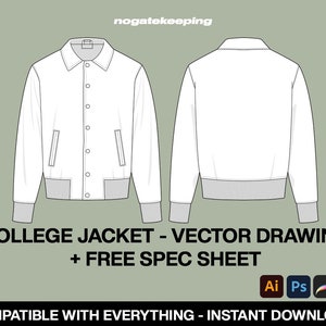 Könnte beinhalten: Eine Vektorzeichnung einer weißen Collegejacke mit Vorder- und Rückseite. Die Jacke hat einen Knopfverschluss, zwei Taschen und einen gerippten Saum und Bündchen. Der Text "COLLEGE JACKET - VECTOR DRAWING + FREE SPEC SHEET" befindet sich unter dem Bild. Der Text "COMPATIBLE WITH EVERYTHING - INSTANT DOWNLOAD!" befindet sich unter dem Text. Die Symbole für Adobe Illustrator, Adobe Photoshop, Procreate und PDF befinden sich unter dem Text.