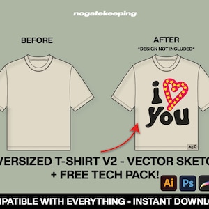 May include: A beige oversized t-shirt with a design of a red heart with stars and the text "i love you" in black. The design is on the front of the shirt. The shirt is a vector sketch.