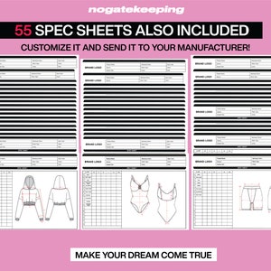 Puede incluir: Un conjunto de 55 hojas de especificaciones en blanco para el dise&ntilde;o de ropa. Las hojas incluyen espacio para un logotipo de marca, detalles del producto, medidas y un boceto de la prenda. El texto "55 SPEC SHEETS ALSO INCLUDED" y "CUSTOMIZE IT AND SEND IT TO YOUR MANUFACTURER!" est&aacute; en la parte superior de la imagen. El texto "MAKE YOUR DREAM COME TRUE" est&aacute; en la parte inferior de la imagen.