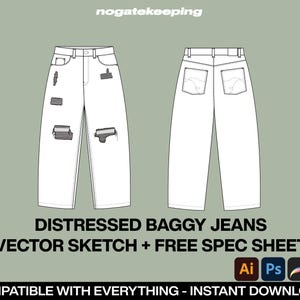 Streetwear Distressed Baggy Oversized Denim Jeans Fashion Sketch Mockup Template Vector Illustrator ProCreate Canva