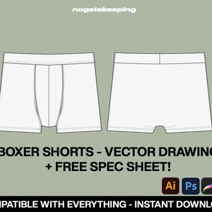 May include: A vector drawing of white boxer shorts. The image includes the text "BOXER SHORTS - VECTOR DRAWING + FREE SPEC SHEET!" and icons for Adobe Illustrator, Photoshop, Procreate, and PDF.