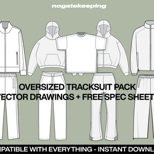 Op de afbeelding: Een set vectortekeningen voor een oversized trainingspak, inclusief een hoodie, een t-shirt, een jack en twee stijlen joggingbroeken. De tekst "OVERSIZED TRACKSUIT PACK VECTOR DRAWINGS + FREE SPEC SHEETS COMPATIBLE WITH EVERYTHING - INSTANT DOWNLOAD!" staat onderaan de afbeelding.