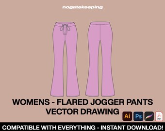 Fashion Clothing Streetwear Womens Flared Jogger Pants Shapewear Loungewear  Sketch Vector Drawing Mock Up Template Instant Download