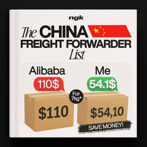 May include: A comparison graphic for freight forwarding costs, with the text "The CHINA FREIGHT FORWARDER List." It shows Alibaba at $110 and "Me" at $54.10 for 7kg. The image includes a Chinese flag and the words "SAVE MONEY!"