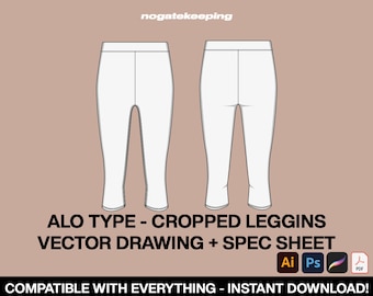 Fashion Streetwear ALO Type Yoga Cropped Leggins Shapewear Loungewear Sketch Vector Drawing Mock Up Template Instant Download + Spec Sheet