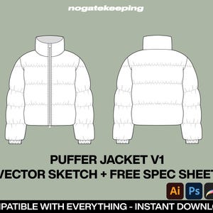 Streetwear Oversized Puffer Jacket V1 Fashion Sketch Vector Drawing Mock Up Template + Free Spec Sheet ProCreate Canva Illustrator