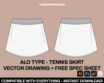 Fashion Streetwear ALO Type Yoga Tennis Skirt Shapewear Loungewear Sketch Vector Drawing Mock Up Template Instant Download + Spec Sheet