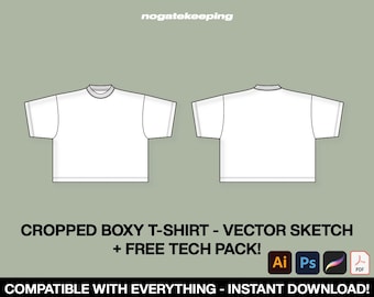 Streetwear Baggy Oversized Cropped T-Shirt Fashion Sketch Mockup Template Vector Tech Pack Photoshop Illustrator ProCreate Instant Download