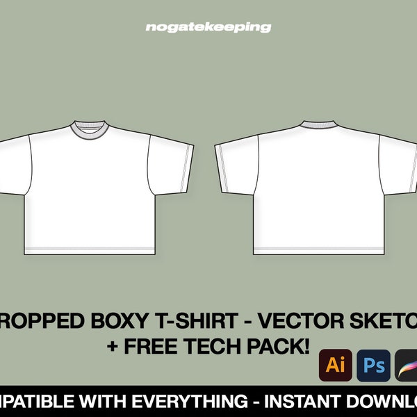 Streetwear Baggy Oversized Cropped T-Shirt Fashion Sketch Mockup Template Vector Tech Pack Photoshop Illustrator ProCreate Instant Download