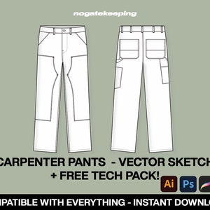Streetwear Carpenter Pants Fashion Sketch Vector Mockup + Free Tech Pack Template Instant Download Photoshop Illustrator ProCreate