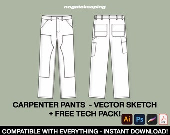 Streetwear Carpenter Pants Fashion Sketch Vector Mockup + Free Tech Pack Template Instant Download Photoshop Illustrator ProCreate