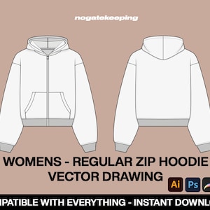 Fashion Clothing Streetwear Loungewear Regular Zip Hoodie Sketch Vector Drawing Mock Up Template Instant Download Illustrator ProCreate