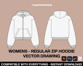 Fashion Clothing Streetwear Loungewear Regular Zip Hoodie Sketch Vector Drawing Mock Up Template Instant Download Illustrator ProCreate