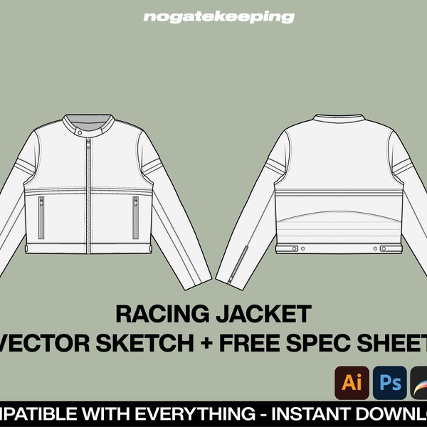Fashion Streetwear Outerwear Racing Jacket Fashion Sketch Mockup Template Vector + Free Spec Sheet Template Vector Sketch Mock Up