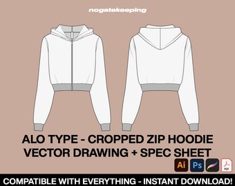 Fashion Streetwear ALO Type Yoga Cropped Zip Hoodie Shapewear Loungewear Vector Drawing Mock Up Template Instant Download + Free Spec Sheet