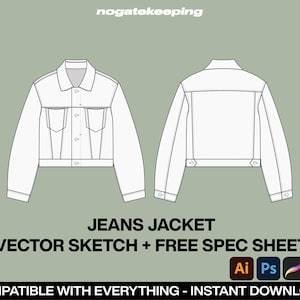 May include: A white line drawing of a denim jacket, showing both the front and back views. The jacket has a classic design with a button-up front, pockets, and long sleeves.