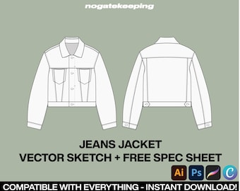 Fashion Streetwear Outerwear Denim Jeans Jacket Sketch Mockup Template Vector + Free Spec Sheet Template Canva ProCreate Illustrator