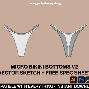 Moda femenina Ropa de calle Ropa de estar por casa Trajes de baño Ropa interior Micro Bikini Bottoms V2 Sketch Plantilla de maqueta de dibujo vectorial + Hoja de especificaciones gratuita