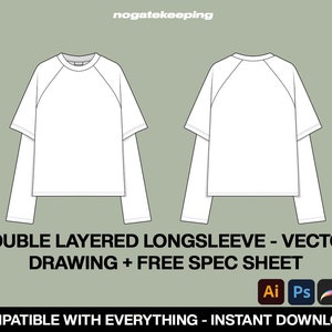 Puede incluir: Una camiseta blanca de manga larga de doble capa con mangas raglán. La camiseta es un dibujo vectorial e incluye una hoja de especificaciones gratuita. La imagen incluye el texto "DOUBLE LAYERED LONGSLEEVE - VECTOR DRAWING + FREE SPEC SHEET" e iconos para Adobe Illustrator, Adobe Photoshop, Procreate y PDF.