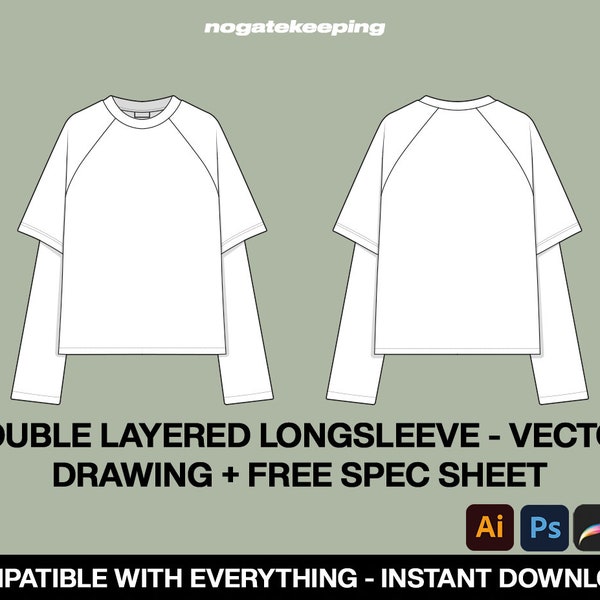 Fashion Streetwear Double Layered Long Sleeve Template Sketch Vector Mock Up + Free Spec Sheet Template Mock Up llustrator ProCreate