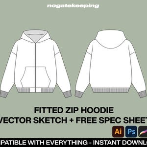 ファッション ストリートウェア フィット ジップ パーカー ファッション スケッチ モックアップ テンプレート ベクター + 無料仕様シート Illustrator ProCreate Canva