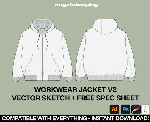 Fashion Streetwear Outerwear Workwear Jacket V2 Fashion Sketch Mockup Template Vector + Free Spec Sheet Template Vector Sketch Mock Up