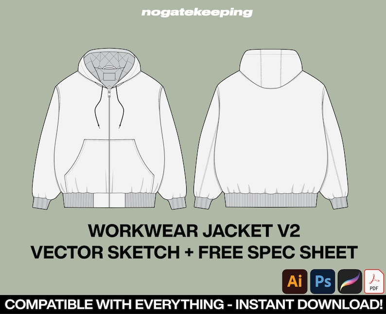 May include: A vector sketch of a white workwear jacket, front and back views, with a hood, zipper, and pocket. The text "WORKWEAR JACKET V2 VECTOR SKETCH + FREE SPEC SHEET" is displayed. The image also includes the text "COMPATIBLE WITH EVERYTHING - INSTANT DOWNLOAD!"