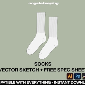 May include: A vector sketch of two white socks. The socks are drawn in a simple style and are shown from the side. The image is labeled "SOCKS" and "VECTOR SKETCH + FREE SPEC SHEET".
