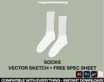 May include: A vector sketch of two white socks. The socks are drawn in a simple style and are shown from the side. The image is labeled "SOCKS" and "VECTOR SKETCH + FREE SPEC SHEET".