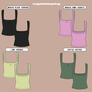 Puede incluir: Cuatro pares de camisetas sin mangas de cuello cuadrado en diferentes colores: negro, rosa, verde claro y verde oscuro. Cada par se muestra con una camiseta ligeramente superpuesta a la otra.