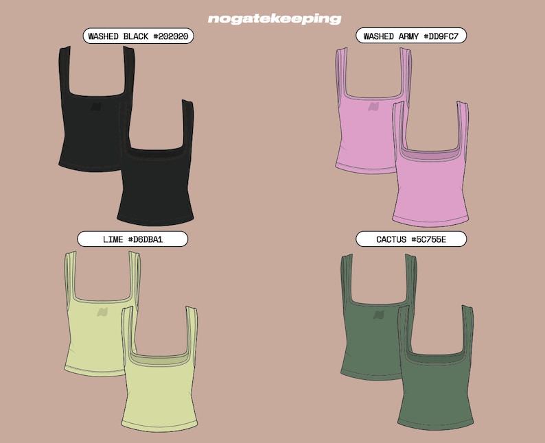 Puede incluir: Cuatro pares de camisetas sin mangas de cuello cuadrado en diferentes colores: negro, rosa, verde claro y verde oscuro. Cada par se muestra con una camiseta ligeramente superpuesta a la otra.