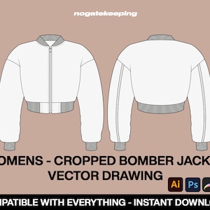 May include: A white cropped bomber jacket with a zipper closure and grey trim. The jacket is shown from the front and back.