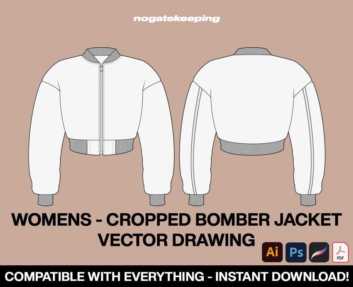 Fashion Clothing Streetwear Womens Cropped Bomber Jacket Sketch Vector Drawing Mock Up Template Instant Download Illustrator ProCreate